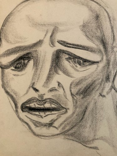 dessin Crayon Papier Expressionniste Express Portrait Ancien 1950 A Identifier