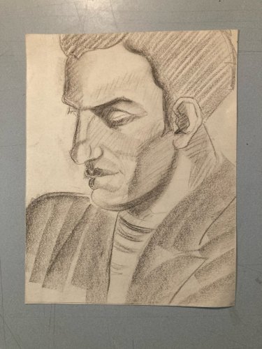 dessin Crayon Papier Homme Cubiste Cubisme Portrait Ancien 1950 A Identifier Art