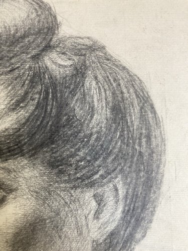 Dessin Crayon Papier Portrait XIXe Femme Cheveux Art 1880 A Identifier