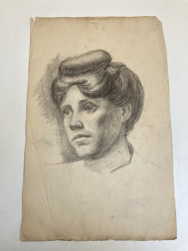 Dessin Crayon Papier Portrait XIXe Femme Cheveux Art 1880 A Identifier