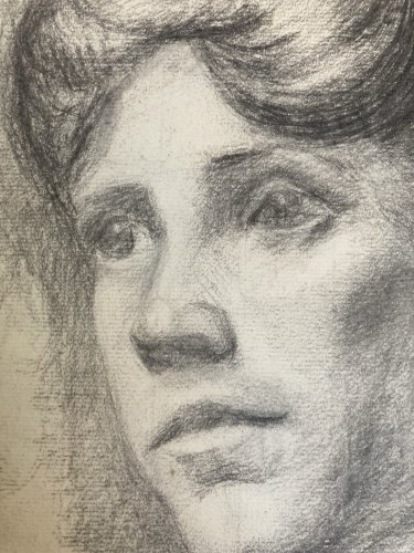 Dessin Crayon Papier Portrait XIXe Femme Cheveux Art 1880 A Identifier
