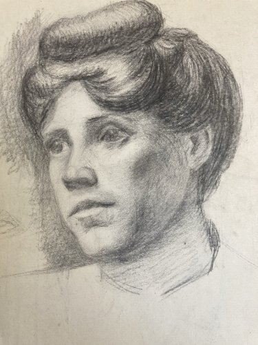 Dessin Crayon Papier Portrait XIXe Femme Cheveux Art 1880 A Identifier