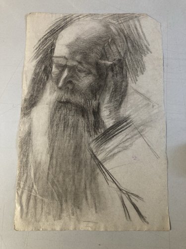 Dessin Crayon Portrait Barbe Homme Buste À Identifier Ancien 1850 Art XIXe