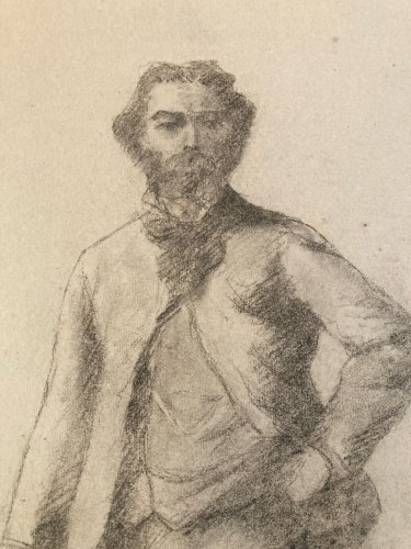 Dessin Crayon Portrait Barbe Homme Buste À Identifier Ancien 1850 XIXe Drawing