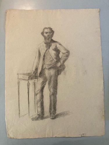 Dessin Crayon Portrait Barbe Homme Buste À Identifier Ancien 1850 XIXe Drawing