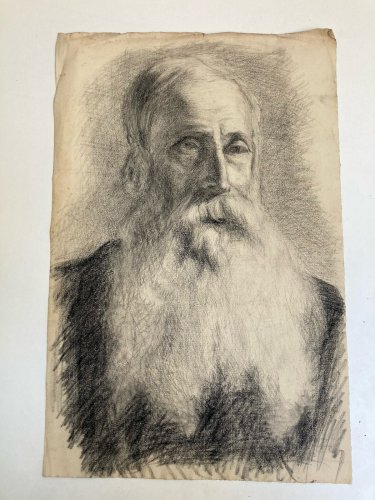 Dessin Crayon Portrait Barbe Homme Buste À Identifier Ancien Art 1850 XIXe