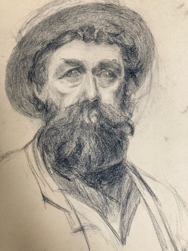 Dessin Crayon Portrait Barbe Homme Buste À Identifier Ancien Art XIXe