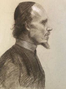 Pencil Drawing Portrait Beard Man Bust Bishop Cardinal Art 1850 19th Century