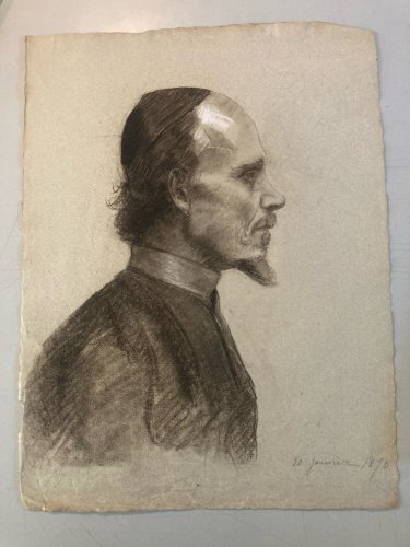 Dessin Crayon Portrait Barbe Homme Buste Évêque Cardinal Art 1850 XIXe Drawing