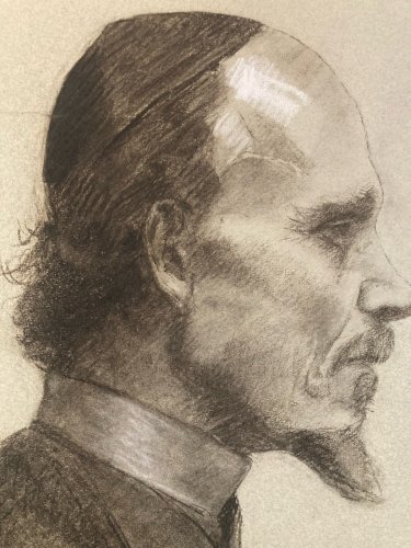 Dessin Crayon Portrait Barbe Homme Buste Évêque Cardinal Art 1850 XIXe Drawing