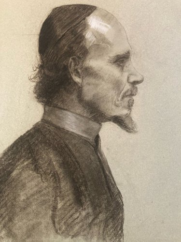 Dessin Crayon Portrait Barbe Homme Buste Évêque Cardinal Art 1850 XIXe Drawing