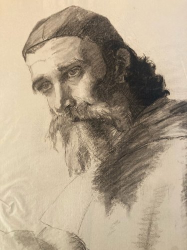 Dessin Crayon Portrait Barbe Homme Buste Évêque Cardinal Art XIXe Drawing 1880