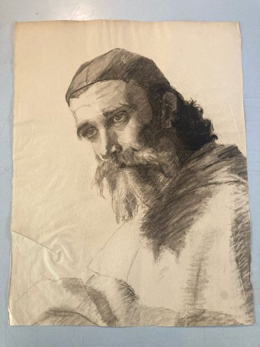 Dessin Crayon Portrait Barbe Homme Buste Évêque Cardinal Art XIXe Drawing 1880