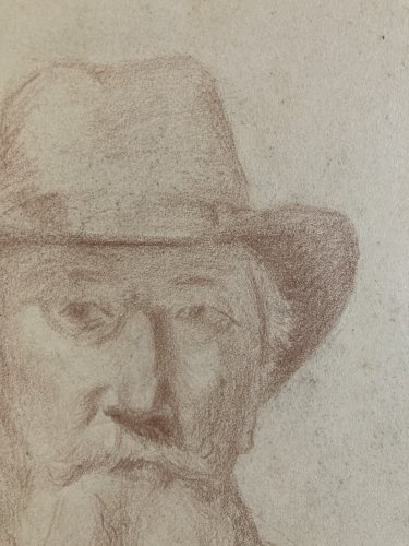 Dessin Crayon Portrait Barbe Homme Chapeau À Identifier Ancien Art 1850 XIXe