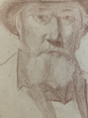 Dessin Crayon Portrait Barbe Homme Chapeau À Identifier Ancien Art 1850 XIXe
