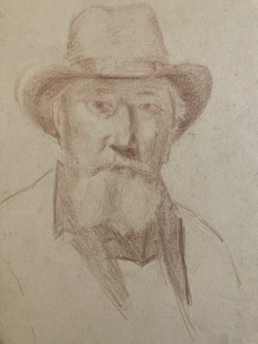 Dessin Crayon Portrait Barbe Homme Chapeau À Identifier Ancien Art 1850 XIXe