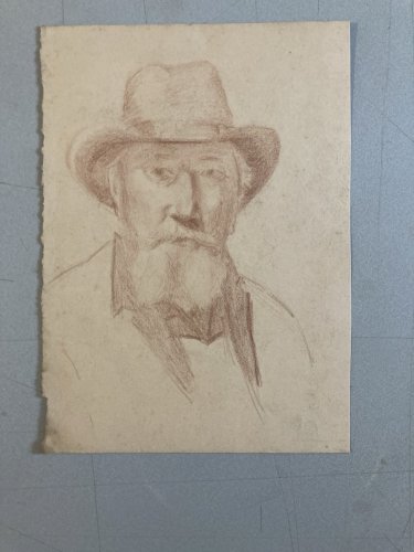 Dessin Crayon Portrait Barbe Homme Chapeau À Identifier Ancien Art 1850 XIXe