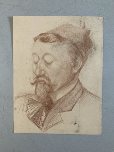 Dessin Crayon Portrait Barbe Homme Moustache À Identifier Ancien Art 1850 XIXe