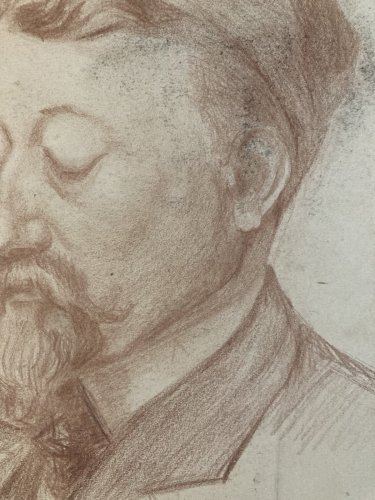 Dessin Crayon Portrait Barbe Homme Moustache À Identifier Ancien Art 1850 XIXe