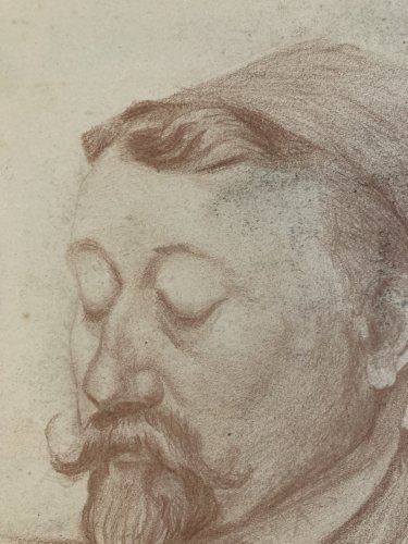 Dessin Crayon Portrait Barbe Homme Moustache À Identifier Ancien Art 1850 XIXe