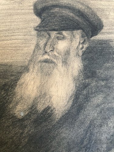 Dessin Crayon Portrait Barbe Homme Sabot À Identifier Ancien Art 1850 XIXe