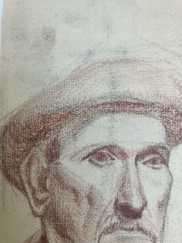 Dessin Crayon Portrait Chapeau Homme À Identifier Ancien Art 1850 XIXe