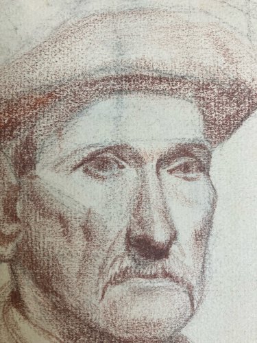 Dessin Crayon Portrait Chapeau Homme À Identifier Ancien Art 1850 XIXe