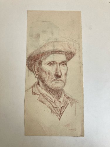 Dessin Crayon Portrait Chapeau Homme À Identifier Ancien Art 1850 XIXe