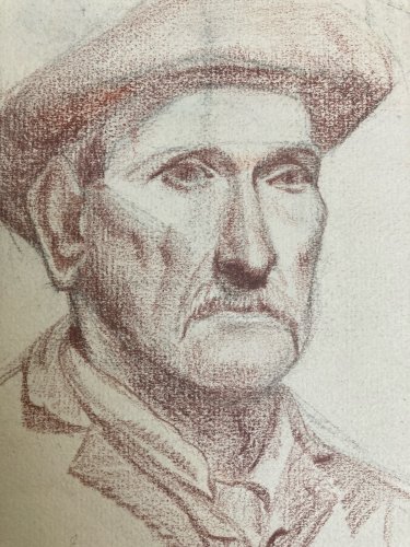 Dessin Crayon Portrait Chapeau Homme À Identifier Ancien Art 1850 XIXe