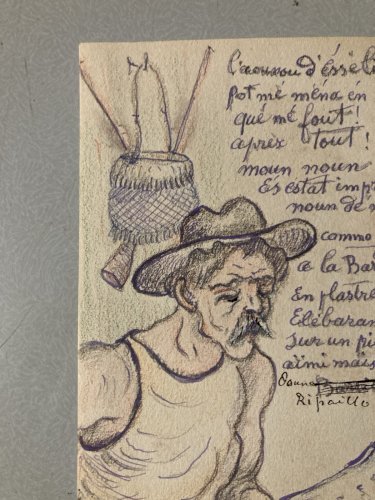 Dessin Crayon Portrait Chapeau Homme À Identifier Ancien Art 1880 XIXe