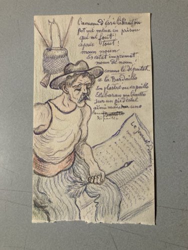 Dessin Crayon Portrait Chapeau Homme À Identifier Ancien Art 1880 XIXe