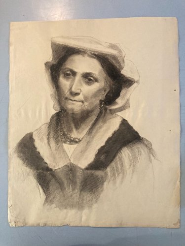 Dessin Crayon Portrait Femme Buste Ancien Old Art XIXe Drawing 1880 À Identifier