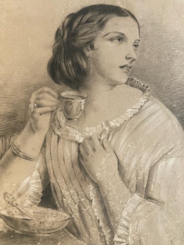 Dessin Crayon Portrait Femme Déjeuner 1860 A Identifier Tasse Ancien Café