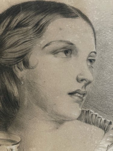 Dessin Crayon Portrait Femme Déjeuner 1860 A Identifier Tasse Ancien Café