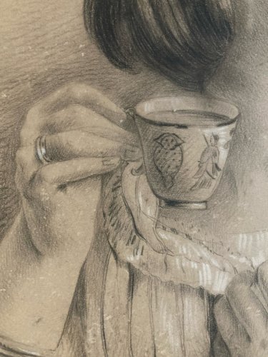 Dessin Crayon Portrait Femme Déjeuner 1860 A Identifier Tasse Ancien Café