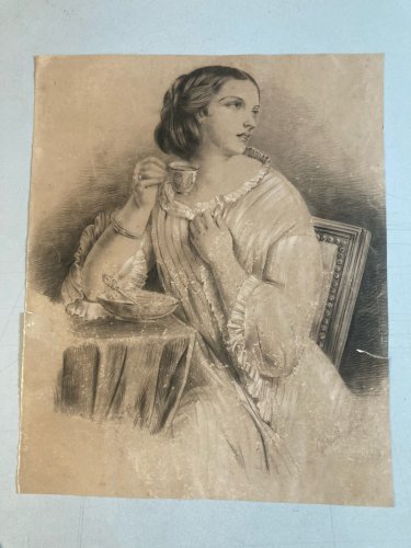 Dessin Crayon Portrait Femme Déjeuner 1860 A Identifier Tasse Ancien Café