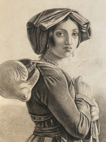 Dessin Crayon Portrait Femme Italie? 1860 A Identifier Art Ancien XIXe