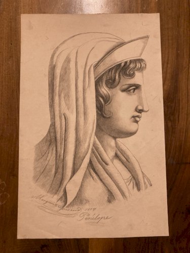 Dessin Crayon Portrait Femme Penelope Ulysse L’Iliade 1860 Art Ancien XIXe