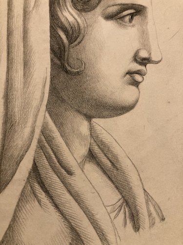 Dessin Crayon Portrait Femme Penelope Ulysse L’Iliade 1860 Art Ancien XIXe
