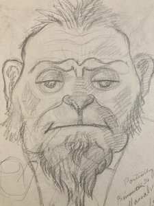 Pencil Drawing Portrait Man Monkey With Pipe Vintage 1970 Animal Art 20th Century