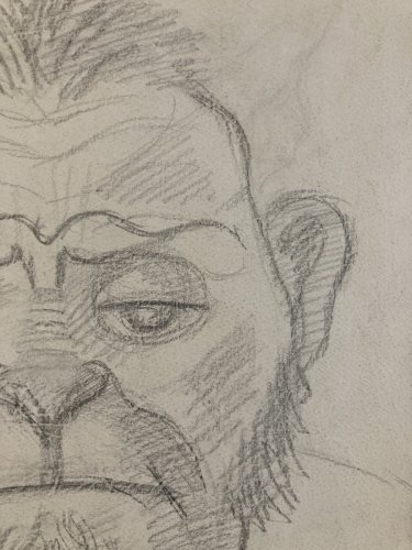 Dessin Crayon Portrait Homme Singe À La Pipe Ancien 1970 Art Animal Peinture XXe