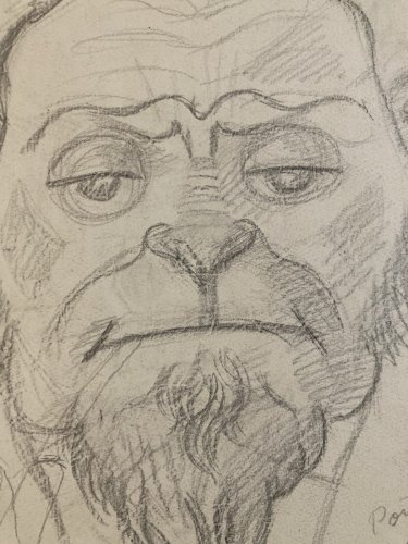 Dessin Crayon Portrait Homme Singe À La Pipe Ancien 1970 Art Animal Peinture XXe
