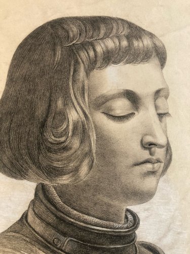 Dessin Crayon Portrait Jeanne D’arc Pucelle Orléans 1860 Art Ancien XIXe