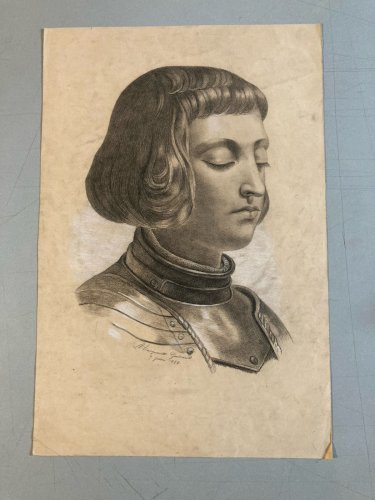 Dessin Crayon Portrait Jeanne D’arc Pucelle Orléans 1860 Art Ancien XIXe
