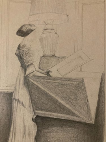 Dessin Crayon Portrait Jeune Femme Artiste Ancien Art Deco 1920 A Identifier XXe