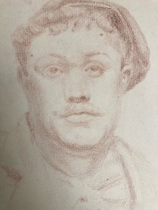 Dessin Crayon Portrait Jeune Homme Buste Ancien Art XIXe Casquette Tête