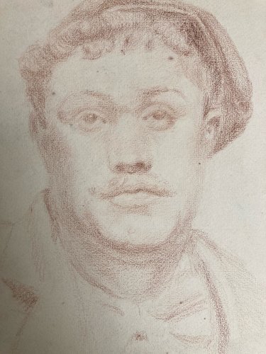 Dessin Crayon Portrait Jeune Homme Buste Ancien Art XIXe Casquette Tête