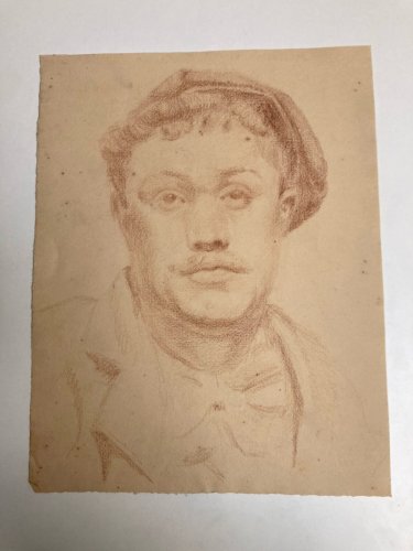 Dessin Crayon Portrait Jeune Homme Buste Ancien Art XIXe Casquette Tête