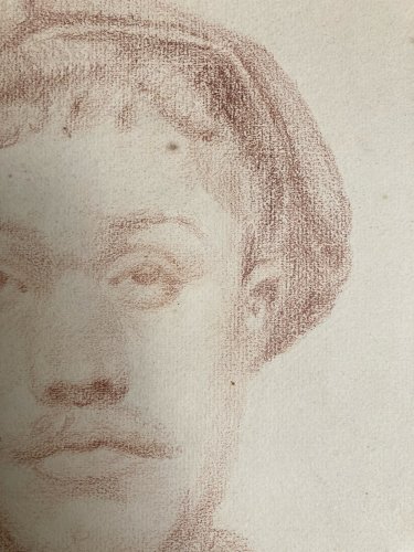 Dessin Crayon Portrait Jeune Homme Buste Ancien Art XIXe Casquette Tête