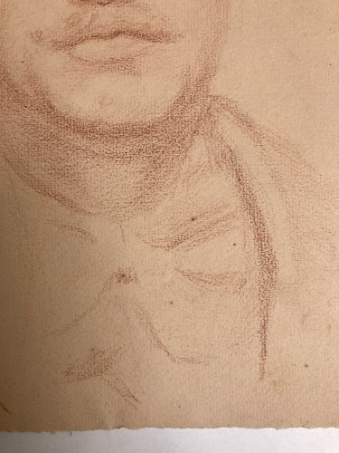 Dessin Crayon Portrait Jeune Homme Buste Ancien Art XIXe Casquette Tête